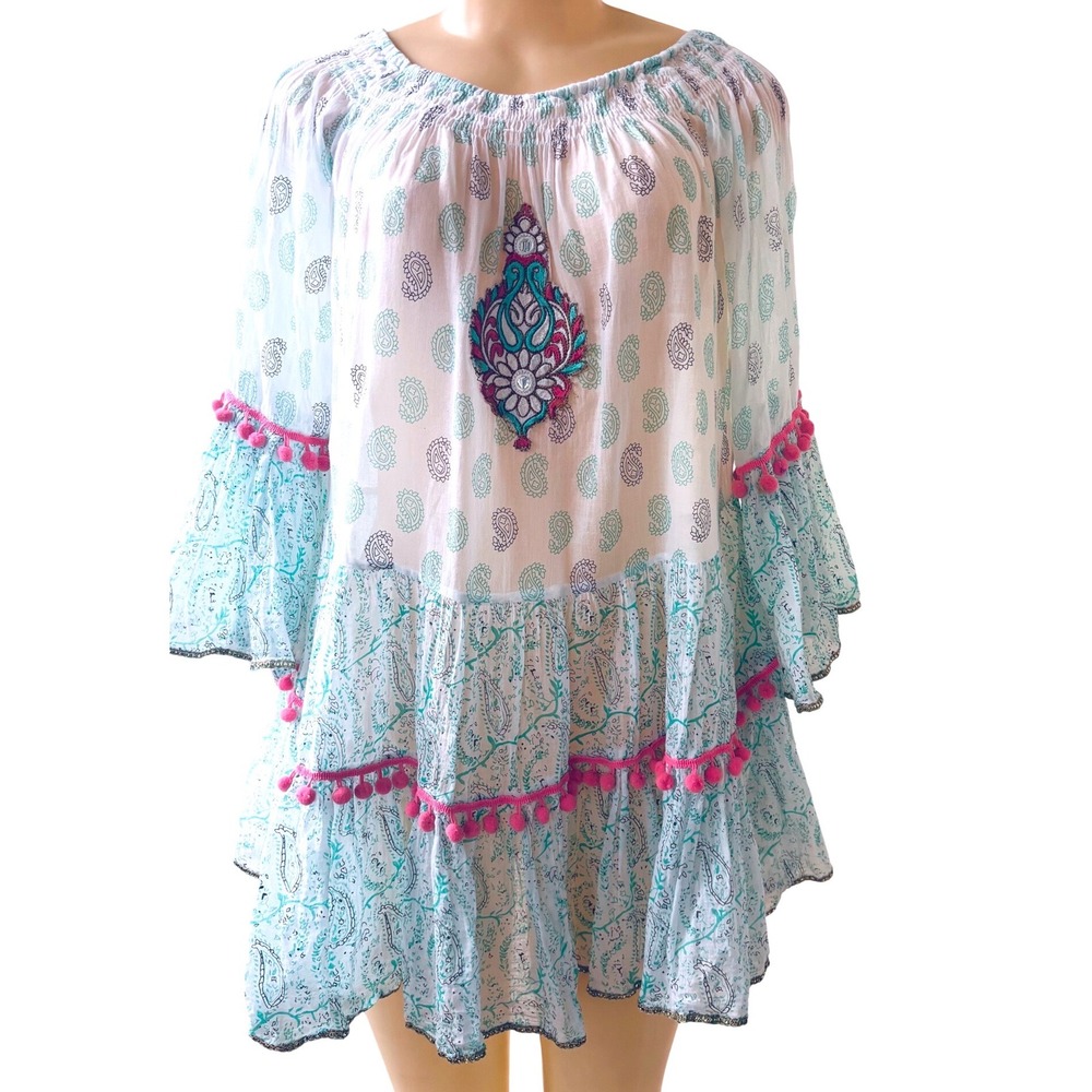 Debbie Katz Paisley Embroidered Boho Mini Dress Pink Pom Pom Beach Cover Up